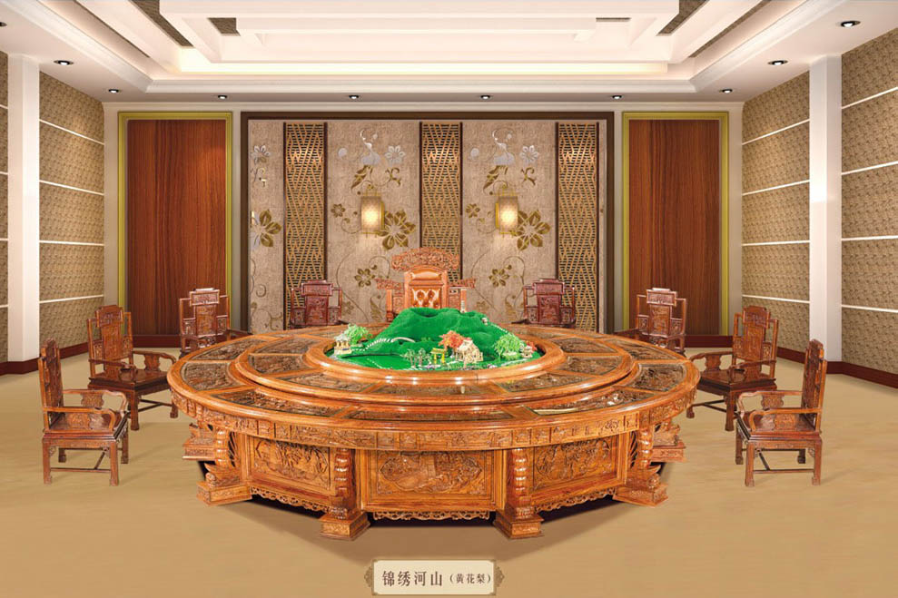緬甸花梨木紅木酒店自動餐桌|錦繡河山電動餐桌